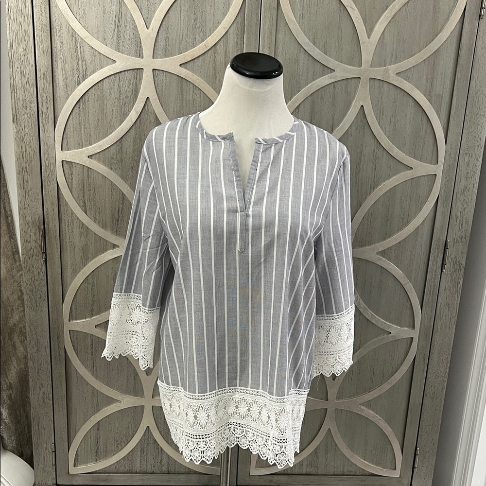 Gray Striped Women's Top with Lace Trim